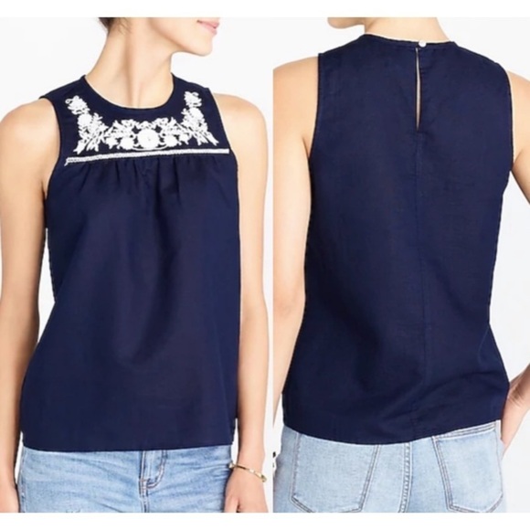 J. Crew Embroidered Floral Navy Linen Blouse Top - Picture 1 of 10